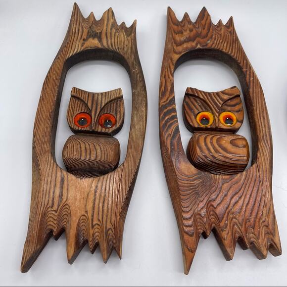 Vintage Hand crafted Wooden Owl Wall Decor, Set of 3. Made in Montana - Picture 2 of 14